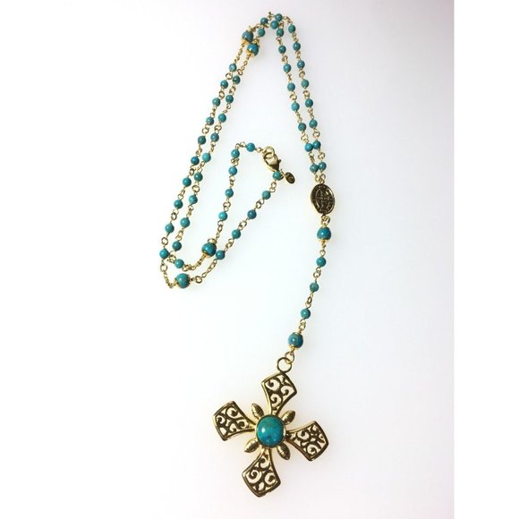 Rosary Beads Cross Necklace Gold Plated Turquoise Made in Italy - Picture 5 of 8